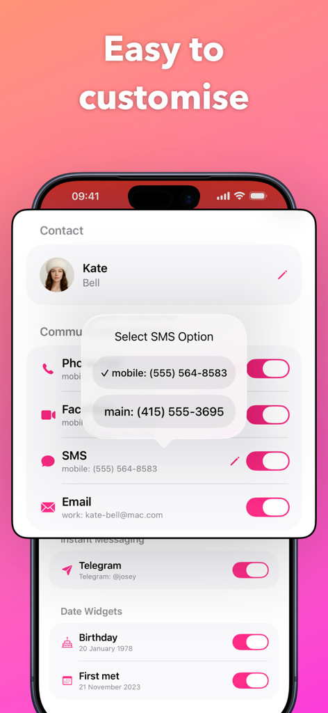 Darling - Interface do aplicativo Darling exibindo opções de comunicação de contato personalizáveis e widgets de data.