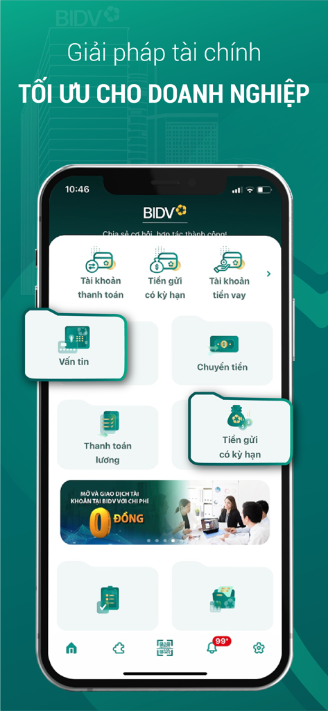 BIDV iBank - Panel de la aplicación móvil BIDV iBank que muestra banca corporativa y soluciones financieras para empresas.