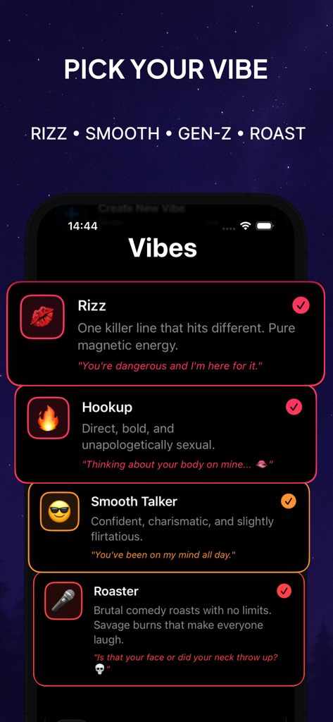 Rizzio: Rizz AI Keyboard - Rizzio app screen showing different AI texting vibes like Rizz and Roaster