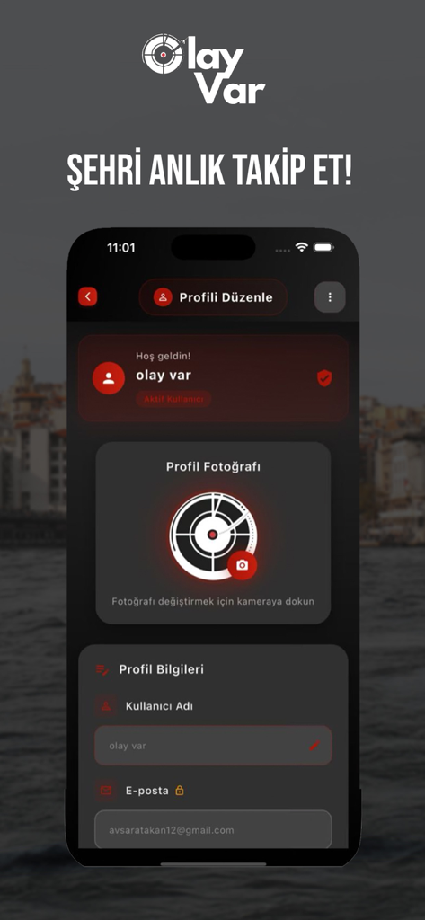 Olay Var news app profile editing interface showing user settings in a dark theme.