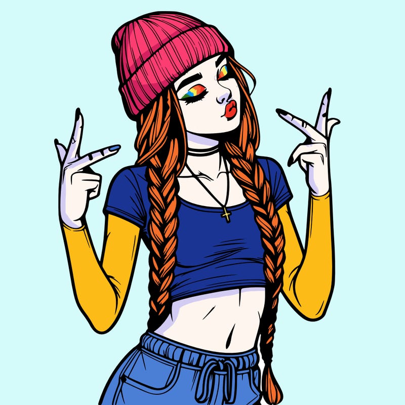 realistic teenage girl with braids and a beanie and crop top doing 🫶🏼