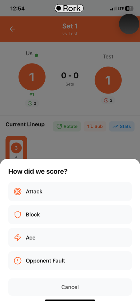 Volleyball Stats Tracker Pro - Volleyball match scoring interface showing points and stats entry options like attack block and ace