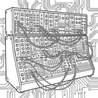 Explore the fascinating world of electronic music with this detailed modular synthesizer coloring page. Featuring an array of knobs, cables, and circuitry, it offers a captivating challenge for all coloring enthusiasts.