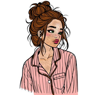 realistic woman with pajamas on and a messy bun