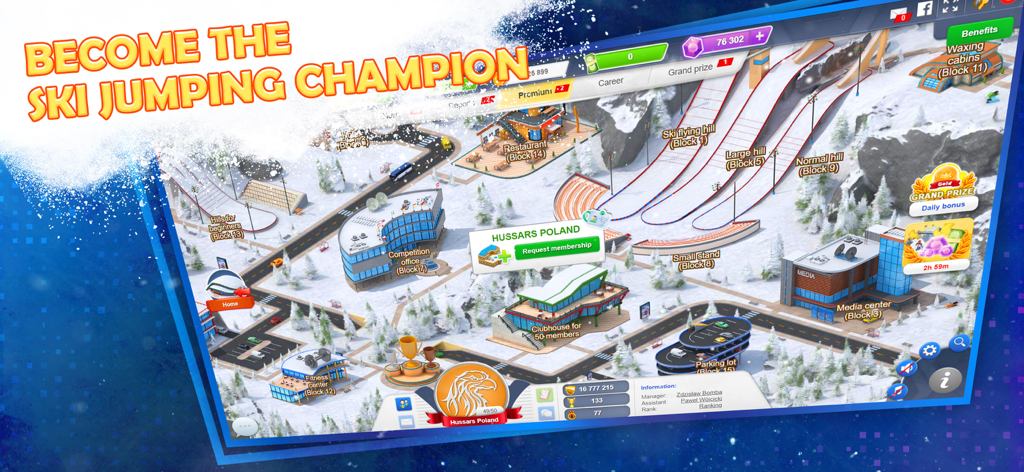 Ski Jump Mania 3 s2 - A snowy winter sports resort map in Ski Jump Mania 3 featuring various jump hills and facilities