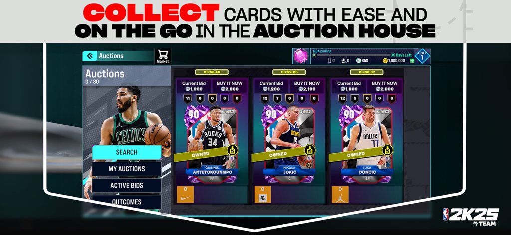NBA 2K25 MyTEAM Auction House screen showing collectible player cards and auction listings.