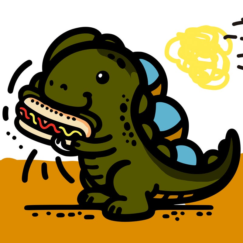 dinosaur eating a hotdog