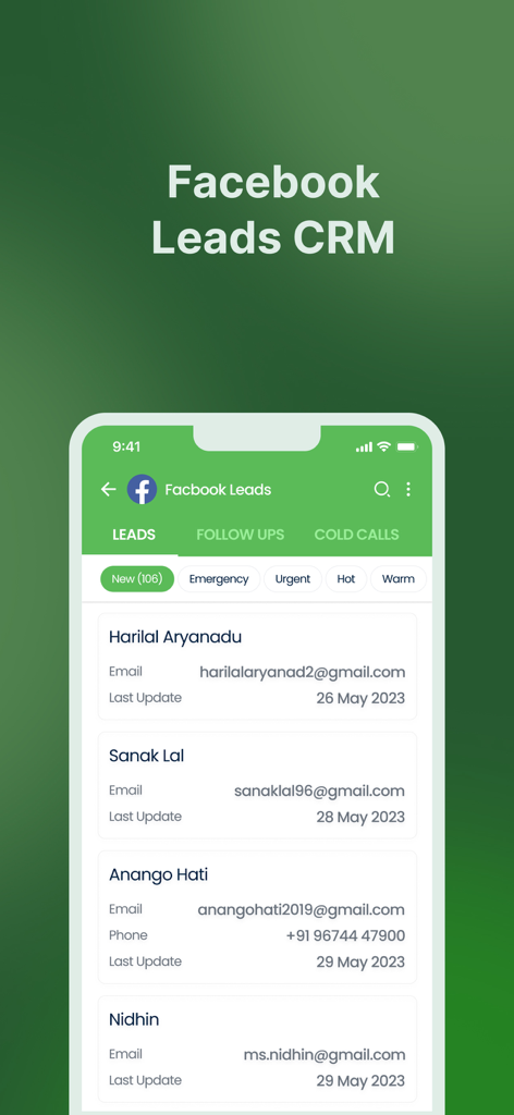 Urban Chat Bot - Interfaz de Urban Chat Bot mostrando la sección CRM de Leads de Facebook con una lista de nuevos leads y filtros de estado