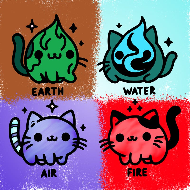 4 cats that represent the different elements, earth, water, air, and fire