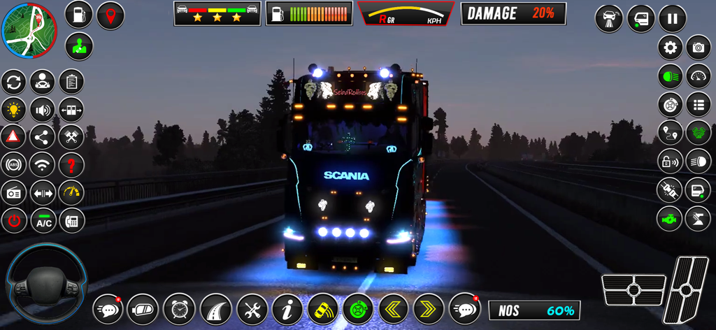 Un camión Scania negro con luces de neón debajo y faros brillantes conduciendo por una autopista oscura en la interfaz de un juego simulador de camiones.