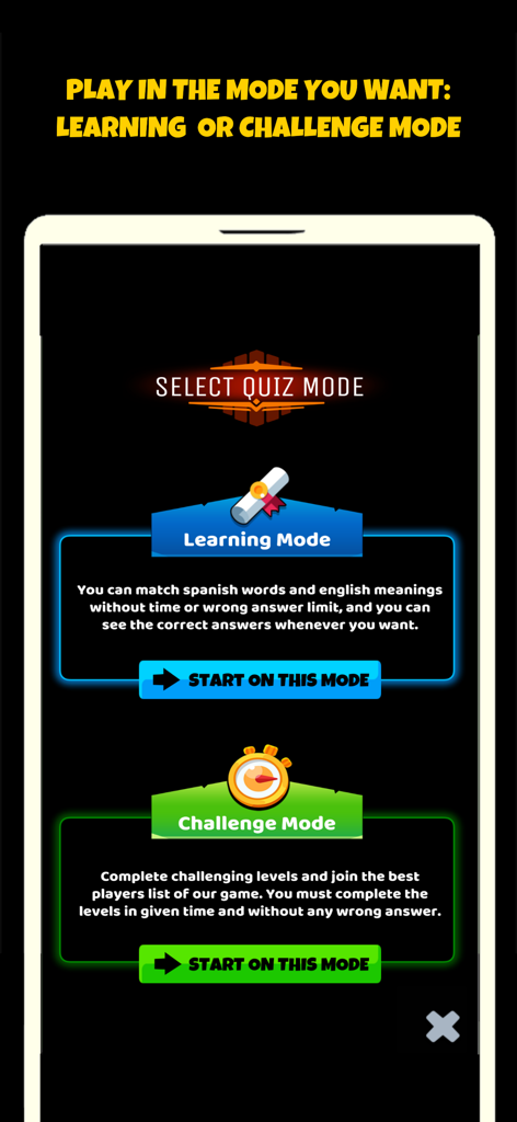 Screen showing the selection between Learning Mode and Challenge Mode in the Spanish Vocabulary Game app.