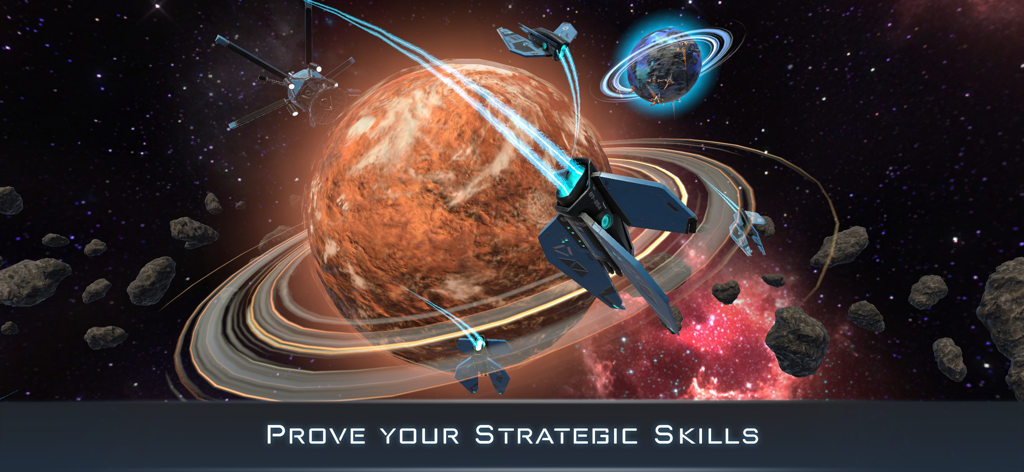 Cosmic Frontline AR gameplay showing a space fleet attacking a ringed planet with asteroids and nebulae