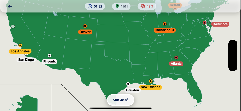 Interactive geography quiz interface showing major cities on a United States map with game stats