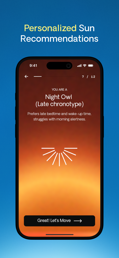 SunSeek: Sunlight & Vitamin D - Screen of the SunSeek app showing a Night Owl late chronotype profile
