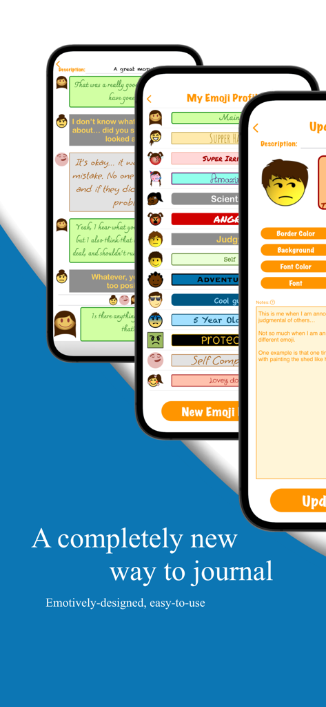 Emoji Journal - Emoji Journal app showing conversation style journaling with custom emoji profiles for emotional expression