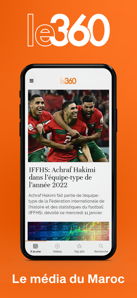 Smartphone screen displaying the Le360 Moroccan news app with a sports headline