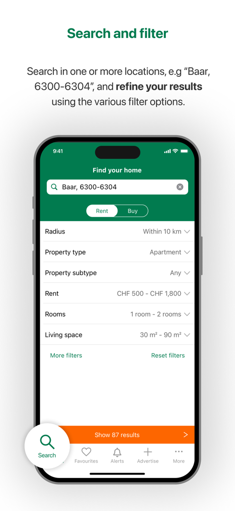 Oberfläche der Comparis Immobilien Swiss App, die verschiedene Suchfilter für Mietimmobilien anzeigt.