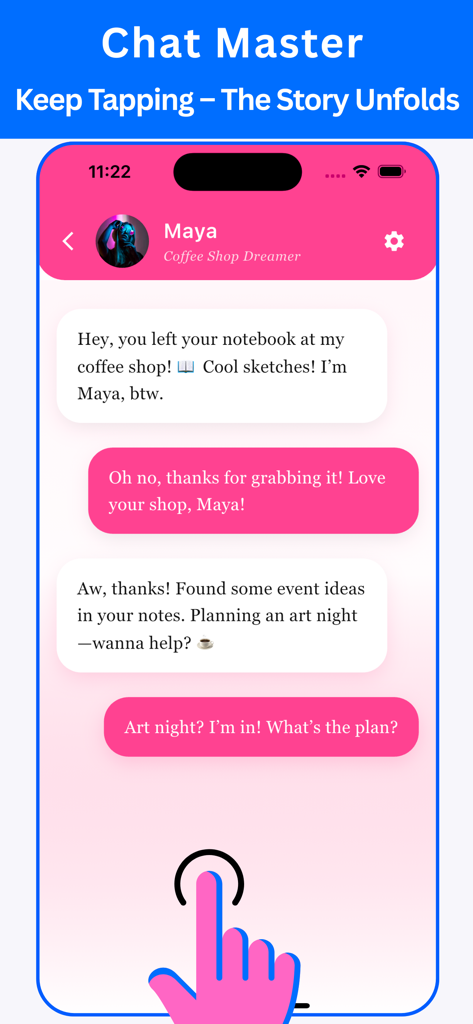 An interactive chat interface in the Texting Story Chat Master app showing a conversation with Maya and a tap indicator