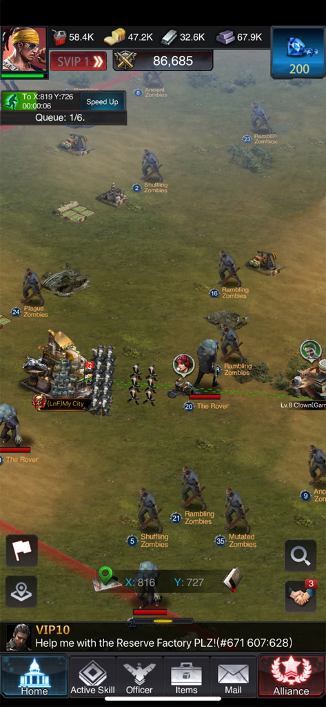 Top down world map view of Last Empire War Z strategy game showing player city and wandering zombies