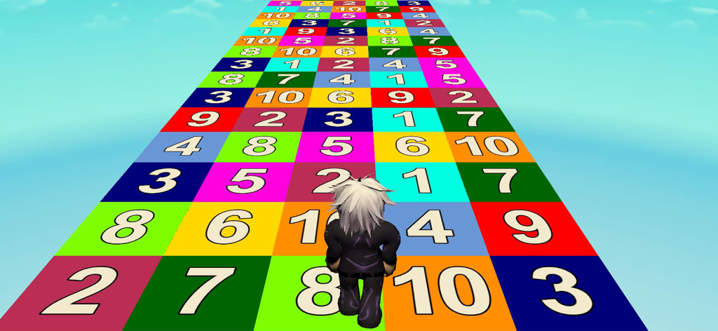 Obby Endless Math Run: 3D Game - Un personnage 3D se tenant sur un chemin coloré de tuiles numérotées dans un jeu de course d'obby mathématique.
