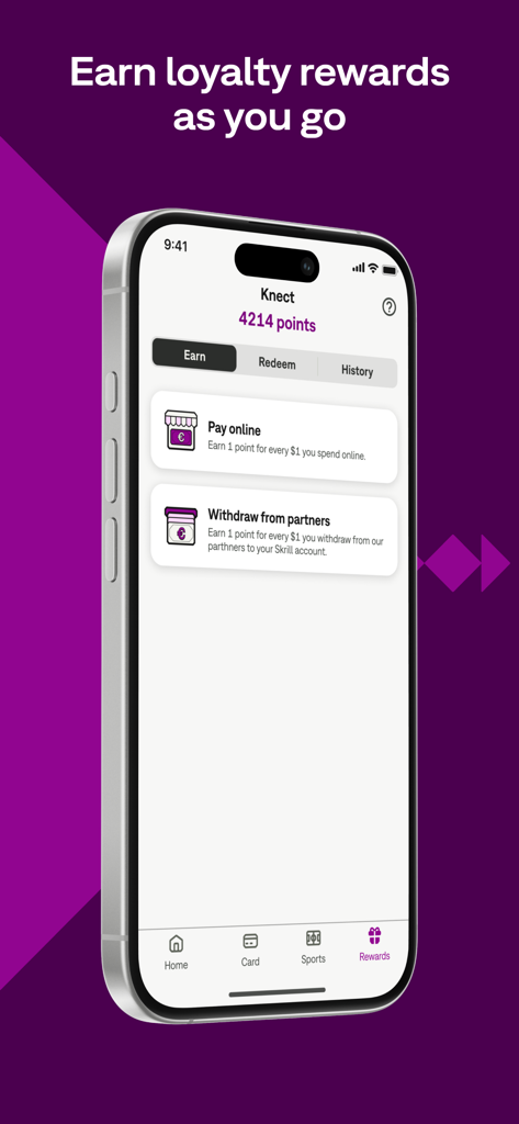 L'interface de l'application Skrill affiche les points de fidélité Knect et les récompenses pour les paiements en ligne et les retraits effectués via les partenaires.