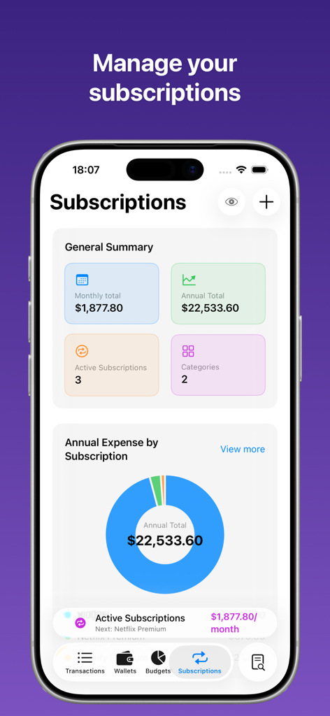 Fiin – Personal Finance - Fiin app interface displaying a summary of monthly and annual subscription expenses with a visual donut chart