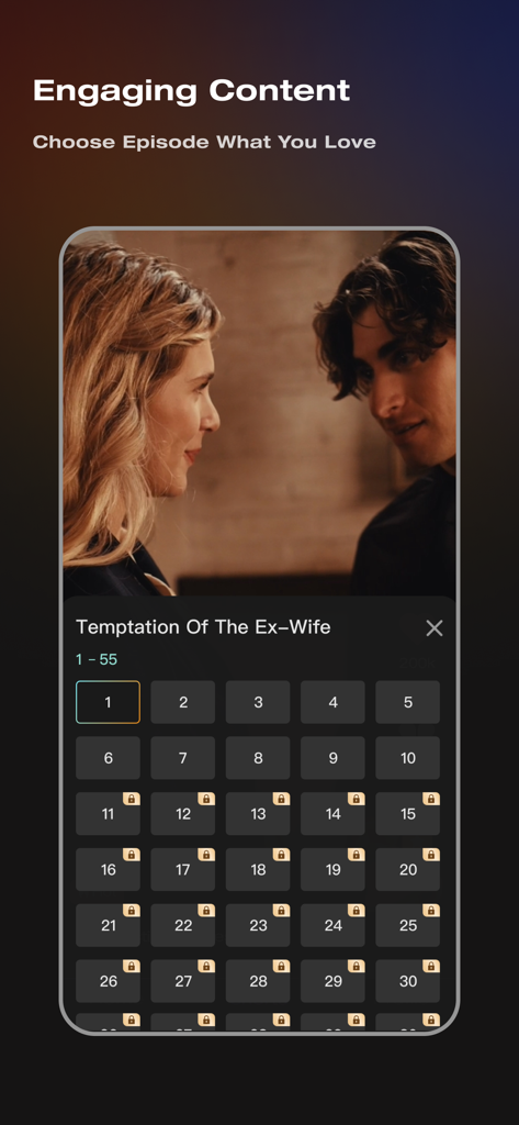 Shot Shorts-MiniSeries - Shot Shorts app episode selection screen for the drama series Temptation Of The Ex-Wife.