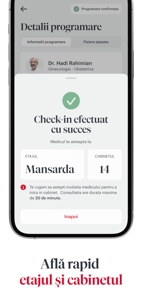 REGINA MARIA - Regina Maria app successful check-in screen showing appointment floor and office number