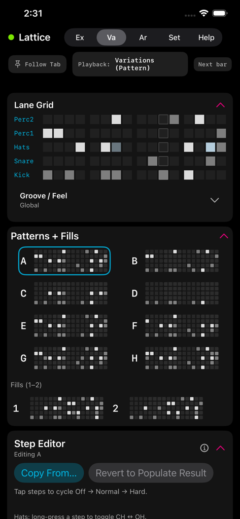 Lattice - Interfaz del efecto MIDI de patrones de batería Lattice mostrando la cuadrícula de pistas y el banco de patrones en la pestaña de variaciones