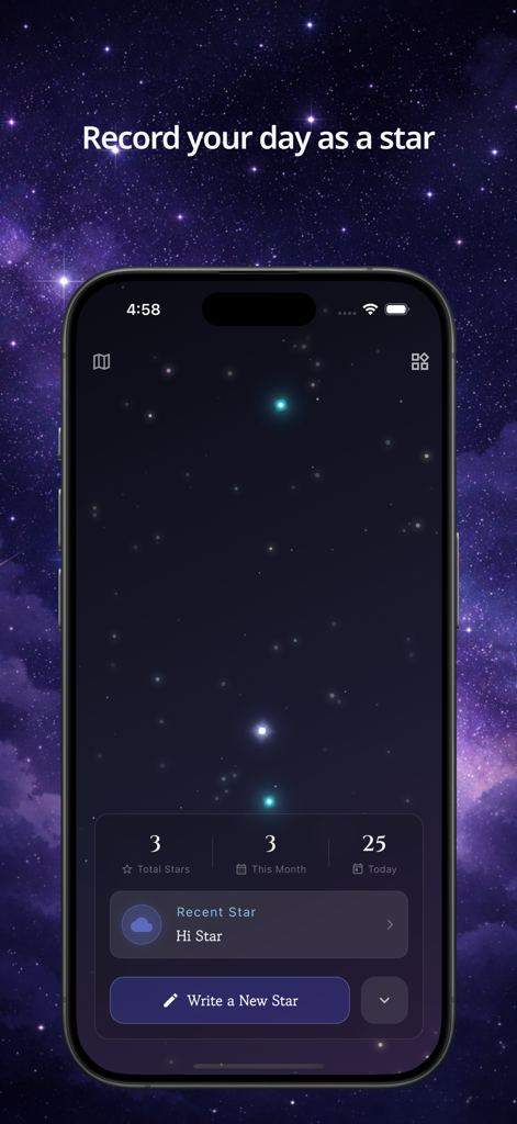 Star Diary -  Stella Notes - Star Diary app home screen with a dark starry night theme and a button to write a new star entry.