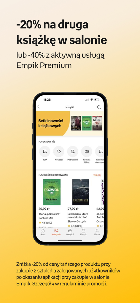 Empik - Empik mobile app interface showing book discounts and cultural products categories.