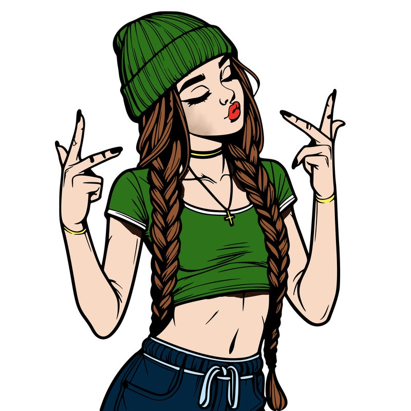 realistic teenage girl with braids and a beanie and crop top doing 🫶🏼