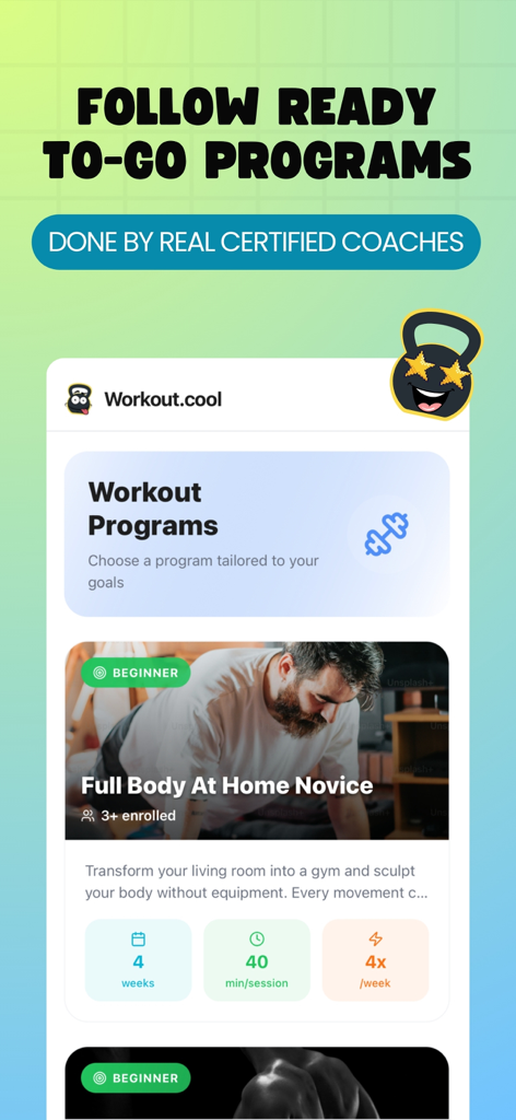 Workout.cool: Fitness Coach - Interface de l'application Workout.cool montrant des programmes de fitness prêts à l'emploi conçus par des coachs certifiés pour les débutants.