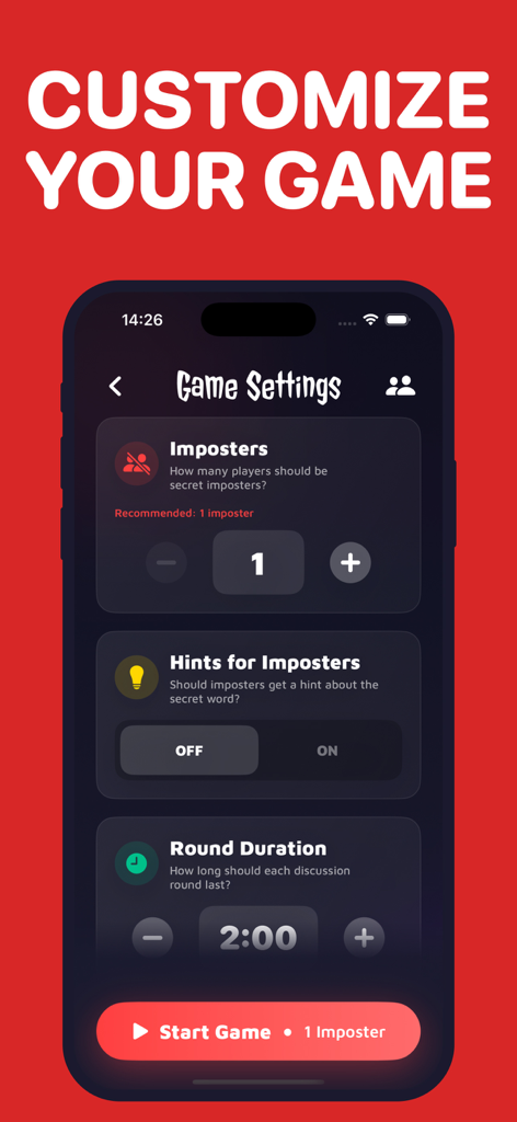 Imposters Game — Bluffit - Pantalla de configuración del juego Bluffit mostrando opciones para el número de impostores y la duración de la ronda