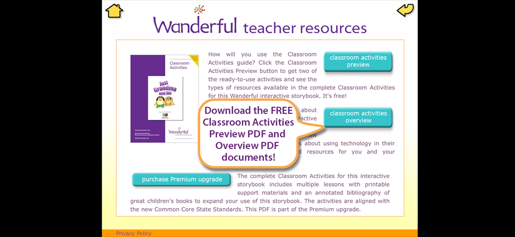 Wanderful teacher resources page for classroom activities and PDF downloads