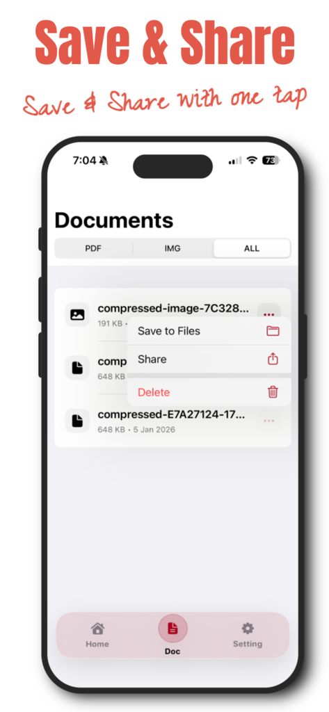 ファイルを保存または圧縮されたドキュメントを共有するためのメニューが表示されたドキュメントリストを表示するPDF圧縮アプリのスクリーンショット。