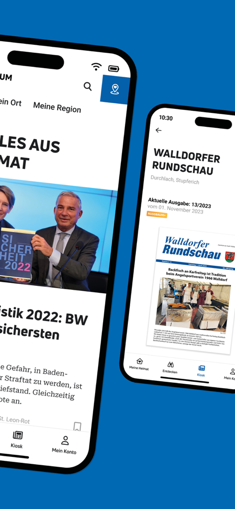 Duas telas de iPhone exibindo artigos de notícias locais e um boletim comunitário digital do aplicativo NUSSBAUM