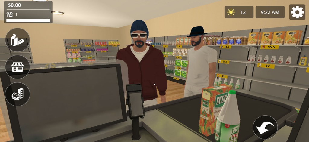 City Shop Simulator - 食料品店のレジで顧客に対応するプレイヤーを一人称視点で見た様子