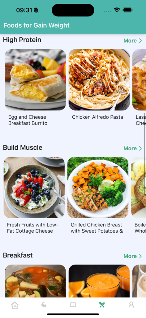 Workout for Underweight - A mobile app interface displaying a list of high-protein and muscle-building food recipes.