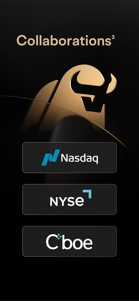 Moomoo app screen showing collaborations with Nasdaq NYSE and Cboe
