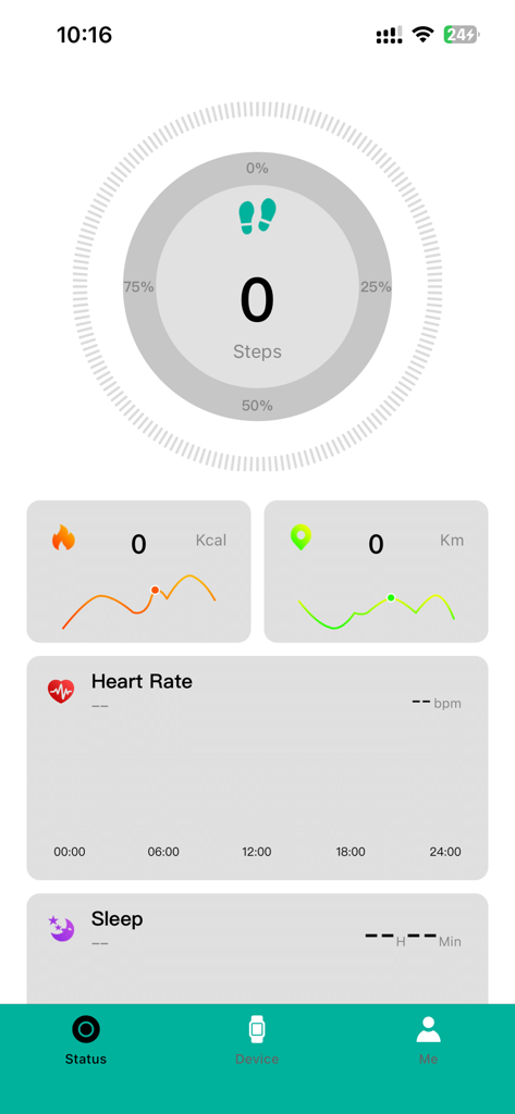 The status dashboard of the FTX Smart app displaying health and activity tracking metrics like steps, calories, distance, heart rate, and sleep.