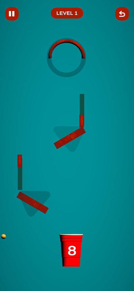 Crazy Popcorn Catch - Pantalla de juego de Crazy Popcorn Catch que muestra obstáculos basados en física y una taza roja para atrapar palomitas en el nivel uno