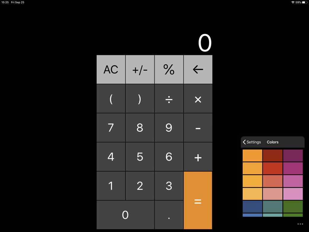 Main interface of Calculator for iPad plus showing a numeric keypad and a side menu with color theme options.