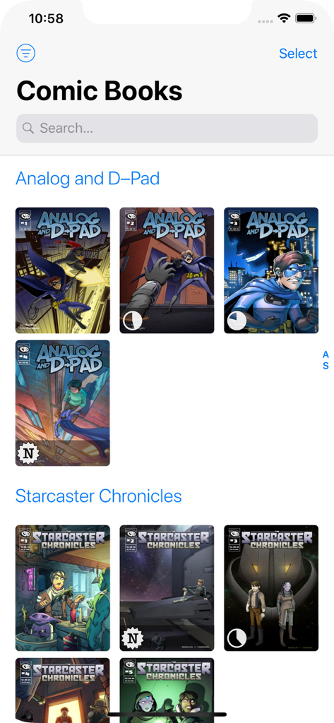 Comic Book Viewer app library screen showing organized digital comic collections and covers