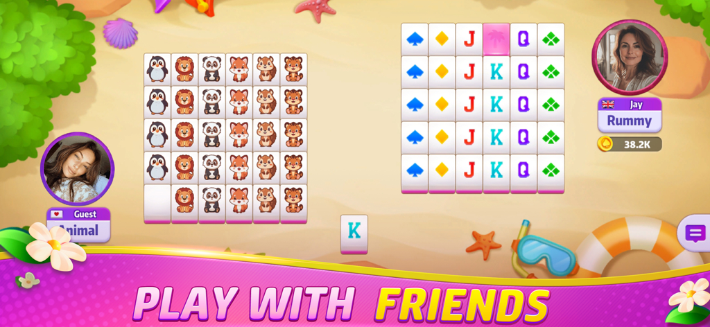 Gin Rummy Frenzy - Card Game - Una interfaz de juego de Gin Rummy Frenzy con temática de playa que muestra cartas y fichas de Mahjong con dos perfiles de jugador y un banner de 'jugar con amigos'.