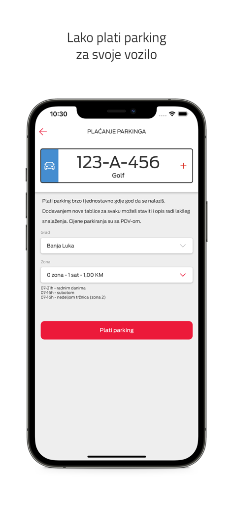Smartphone screen showing the parking payment feature of the Moj mtel app with license plate and zone selection for Banja Luka.