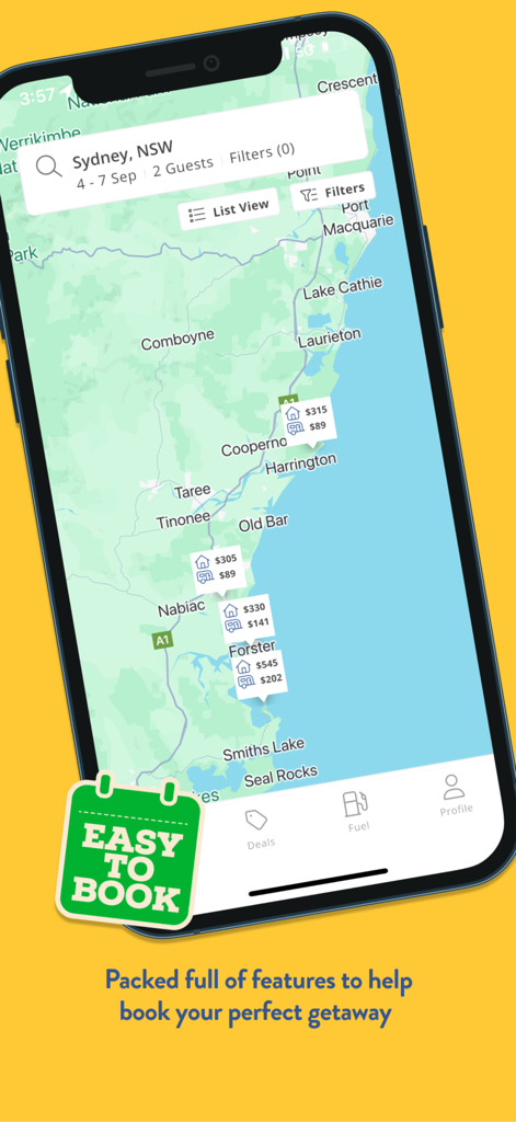 Gday Parks app showing an interactive map with holiday park pins and booking prices in Australia