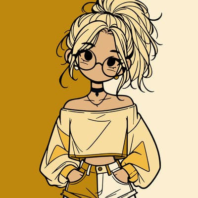 girl with a messy ponytail glasses a baggy crop top and jean shorts