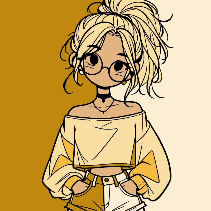 girl with a messy ponytail glasses a baggy crop top and jean shorts