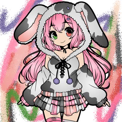 pretty anime girl wearing a fluffy hoodie with bunny ears on the hood and a skirt